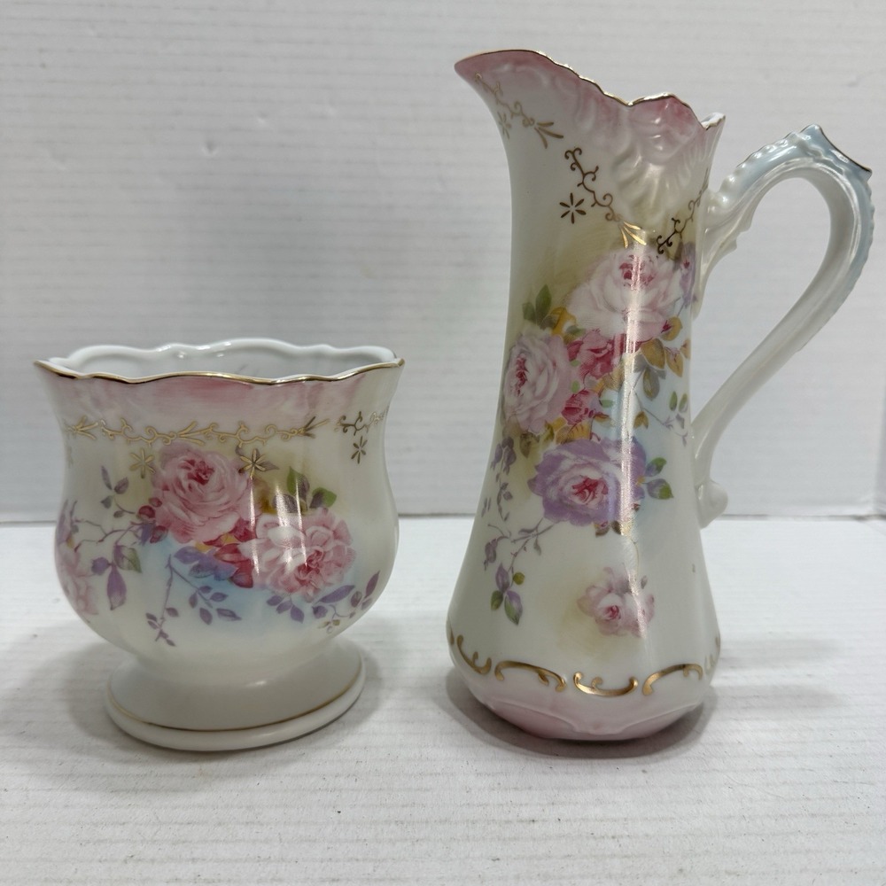 Vintage 1950s KPM 280 Set  Porcelain Open Sugar Bowl Pitcher 7"  Pink Rose Gold